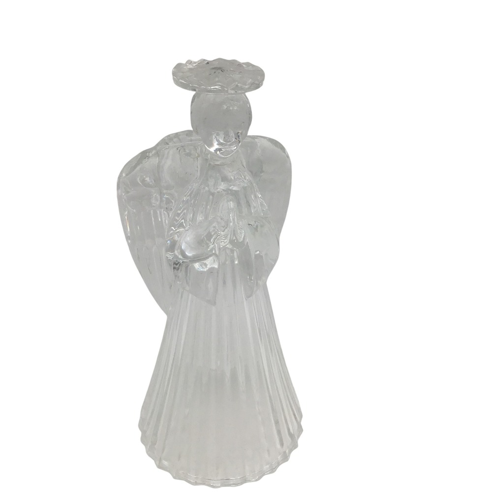 Clear Pressed Glass Praying Angel Figurine Votive‎ Candle Holder 7.5 Inch